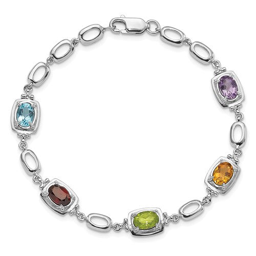 Sterling Silver Multi Rainbow Genuine Gemstone Link Bracelet- Sparkle & Jade-SparkleAndJade.com QX948RB