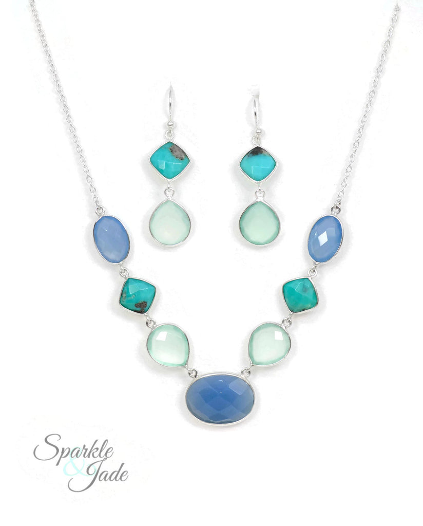 Sterling Silver Natural Turquoise and Chalcedony Necklace- Sparkle & Jade-SparkleAndJade.com 33823