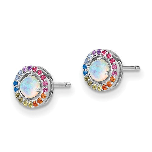 Sterling Silver Opal And Colorful Rainbow CZ Halo Earrings- Sparkle & Jade-SparkleAndJade.com QE14461