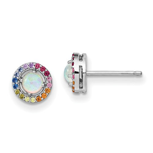 Sterling Silver Opal And Colorful Rainbow CZ Halo Earrings- Sparkle & Jade-SparkleAndJade.com QE14461