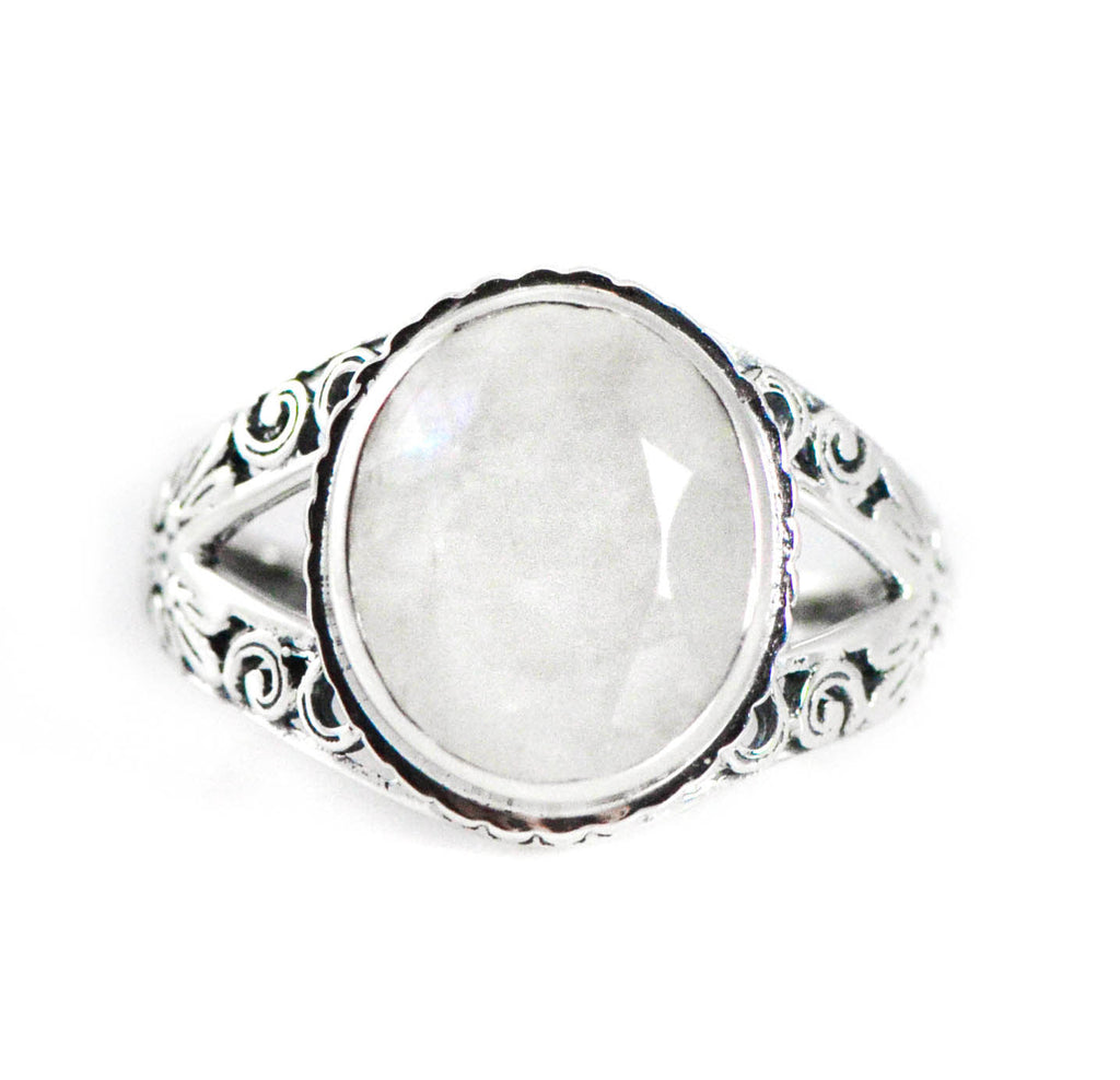 Sterling Silver Ornate 12mm Oval Rainbow Moonstone Ring- Sparkle & Jade-SparkleAndJade.com 