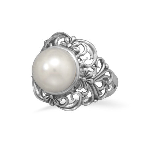 Sterling Silver Ornate Cultured Freshwater Pearl Ring