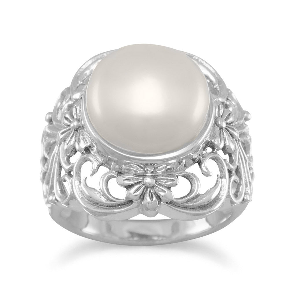 Sterling Silver Ornate Cultured Freshwater Pearl Ring- Sparkle & Jade-SparkleAndJade.com 