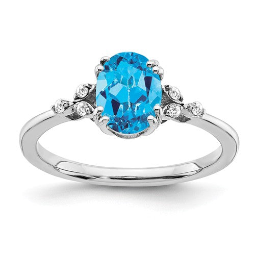 Sterling Silver Oval Blue Topaz And Diamond Ring- Sparkle & Jade-SparkleAndJade.com 