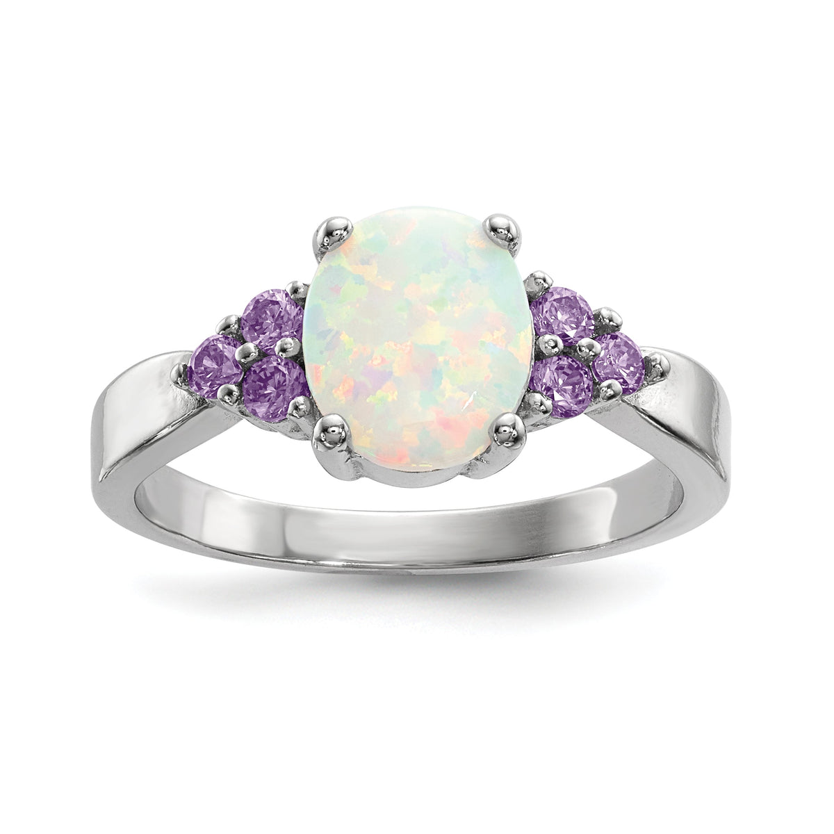 Sterling Silver Oval Created Opal & Purple CZ Ring
