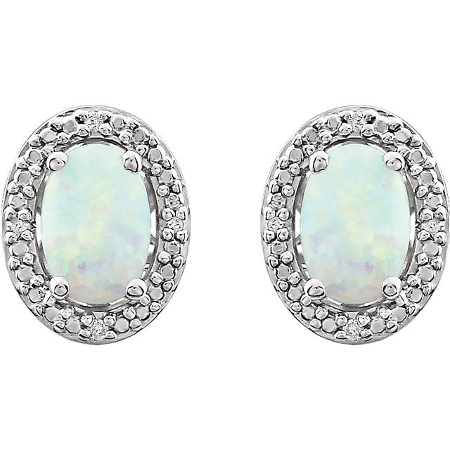 Sterling Silver Oval Created Opal & .025 CTW Diamond Halo-Style Earrings- Sparkle & Jade-SparkleAndJade.com 652632:60024:P