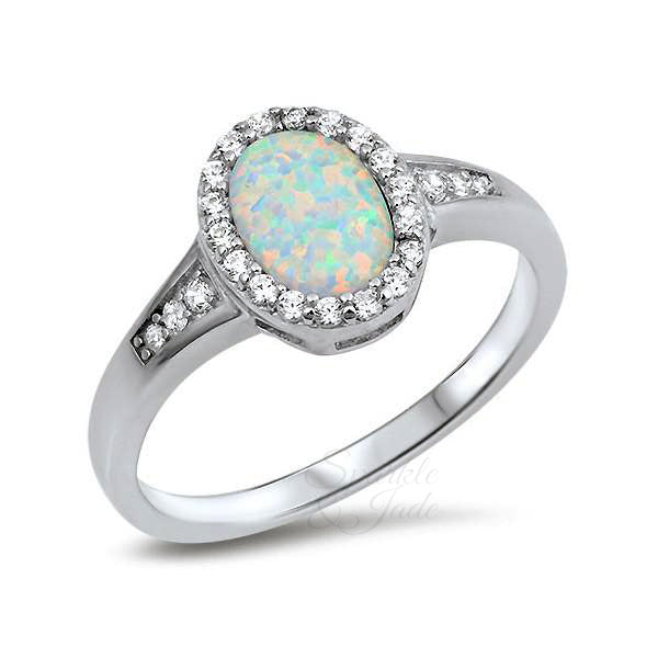 Sterling Silver Oval Created White Opal Halo Ring- Sparkle & Jade-SparkleAndJade.com 