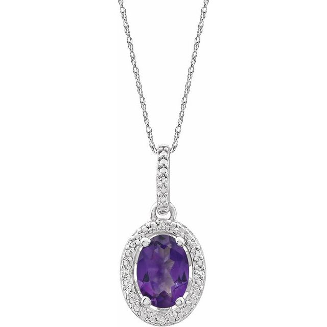 Sterling Silver Oval Gemstone & .01 CTW Diamond Halo-Style 18" Necklaces- Sparkle & Jade-SparkleAndJade.com 652633:60002:P