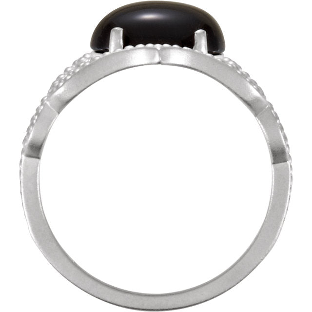 Sterling Silver Oval Onyx Cabochon Granulated Design Ring- Sparkle & Jade-SparkleAndJade.com 71562:60002:P