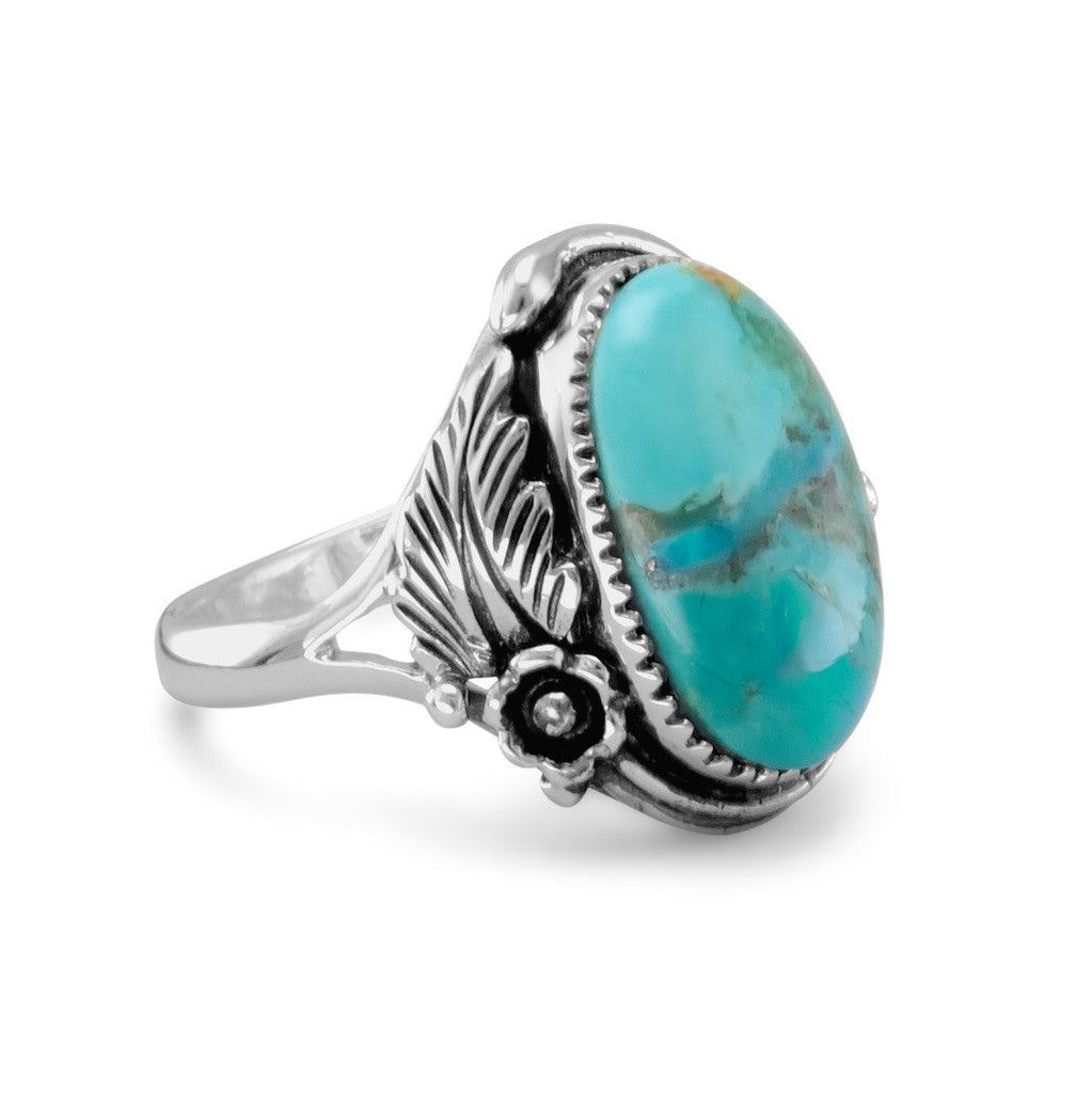 Sterling Silver Oval Turquoise Floral Design Ring- Sparkle & Jade-SparkleAndJade.com 