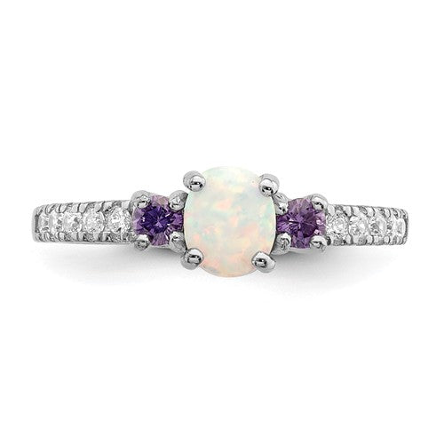 Sterling Silver Oval White Created Opal Genuine Amethyst And CZ Ring- Sparkle & Jade-SparkleAndJade.com 