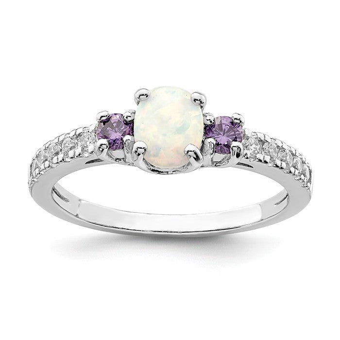 Sterling Silver Oval White Created Opal Genuine Amethyst And CZ Ring- Sparkle & Jade-SparkleAndJade.com 