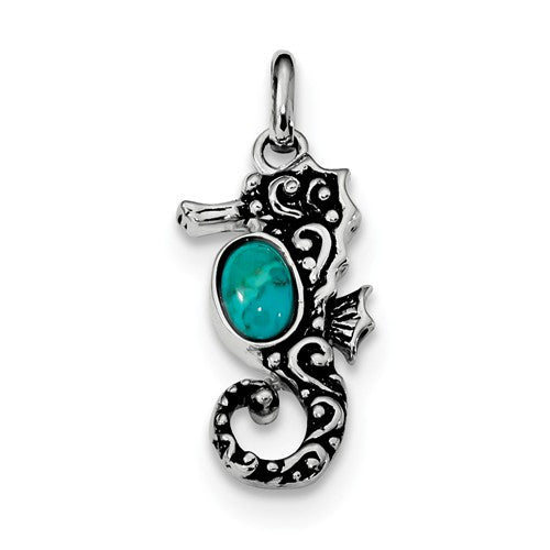 Sterling Silver Oxidized Turquoise Seahorse Charm Pendant- Sparkle & Jade-SparkleAndJade.com QC9272