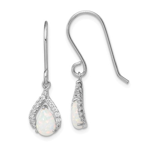 Sterling Silver Pear White Lab Created Opal Dangle Earrings- Sparkle & Jade-SparkleAndJade.com QE14258