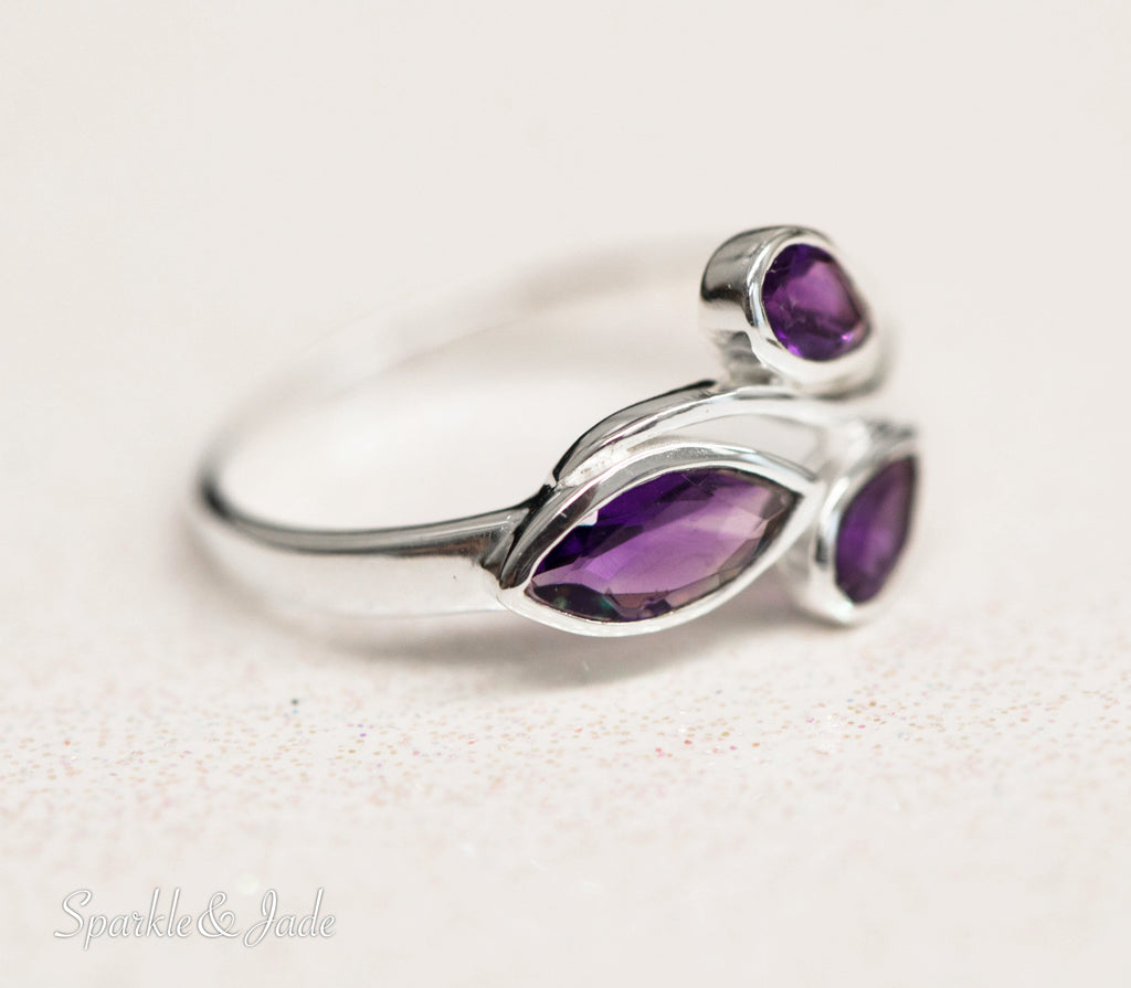 Sterling Silver Pear and Marquise Amethyst Ring- Sparkle & Jade-SparkleAndJade.com 