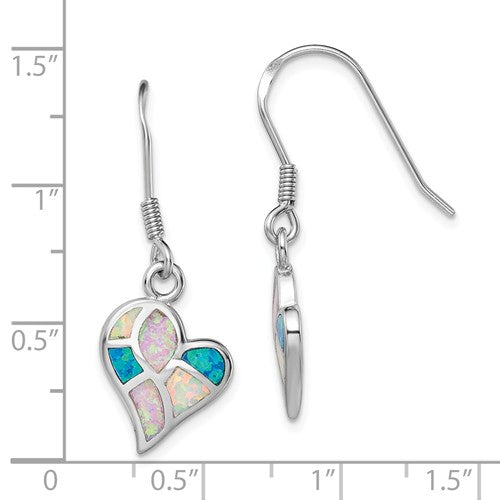 Sterling Silver Pink, Blue and White Rainbow Created Opal Heart Dangle Earrings- Sparkle & Jade-SparkleAndJade.com QE14040
