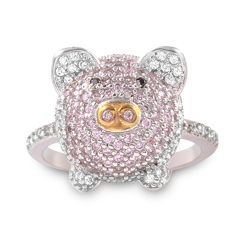 Sterling Silver Pink CZ Pig Ring- Sparkle & Jade-SparkleAndJade.com 