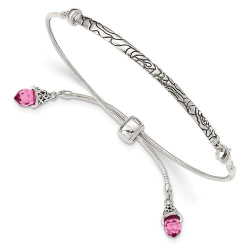 Sterling Silver Pink Crystal Tassel Adjustable Bolo Bracelet- Sparkle & Jade-SparkleAndJade.com QG3635
