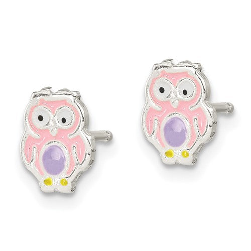 Sterling Silver Pink Enameled Owl Children's Post Earrings- Sparkle & Jade-SparkleAndJade.com QE12900