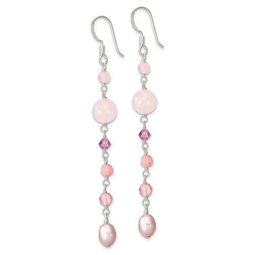 Sterling Silver Pink Pearl, Cherry Rose Quartz, Jade & Rosaline Long Dangle Earrings- Sparkle & Jade-SparkleAndJade.com QE13911