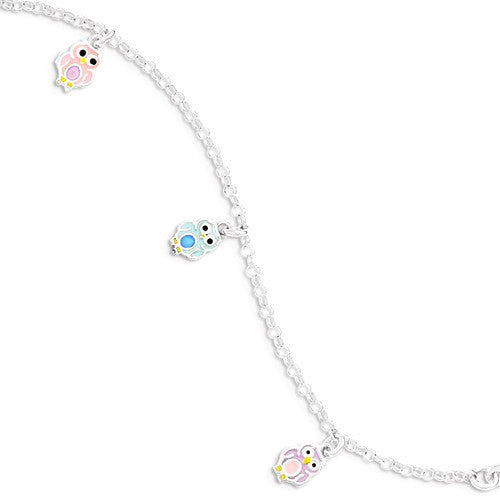 Sterling Silver Polished Children's Enameled Owl Charm Bracelet- Sparkle & Jade-SparkleAndJade.com QG4095-6