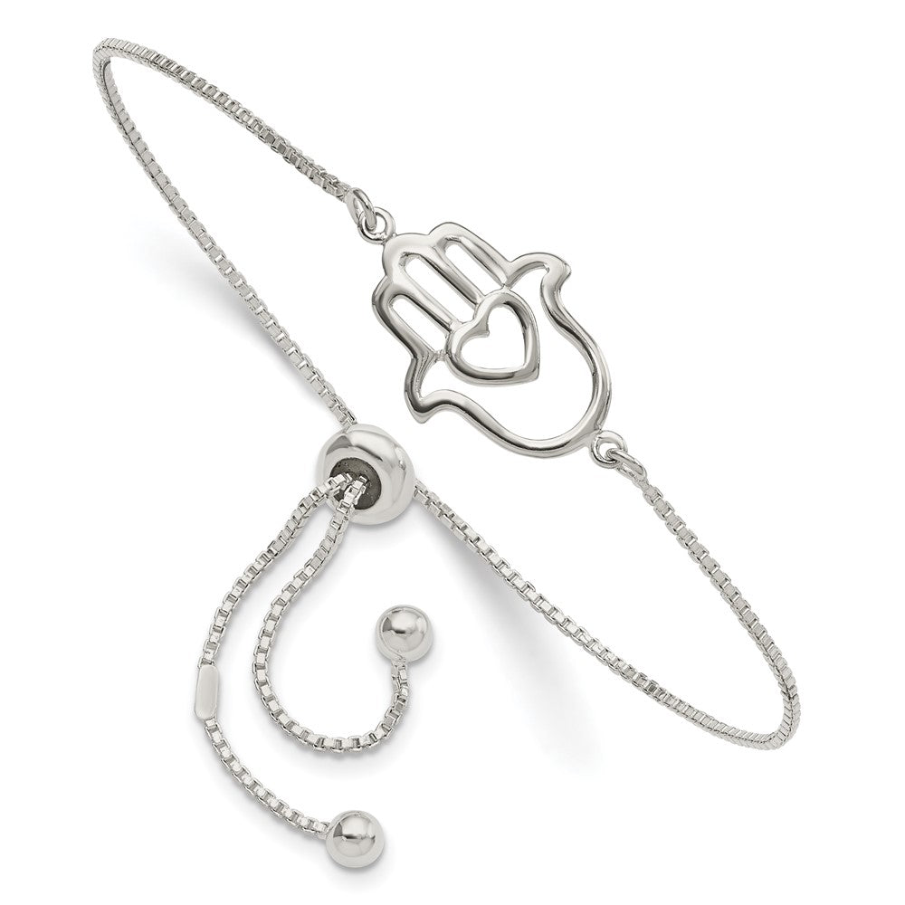 Sterling Silver Polished Heart Hamsa Adjustable Bolo Bracelet- Sparkle & Jade-SparkleAndJade.com QG5804