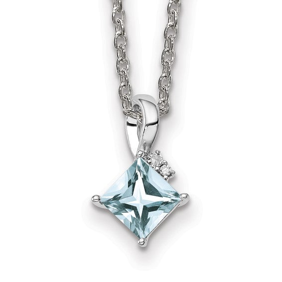 Sterling Silver Princess Square Gemstone & Diamond Pendant Necklaces- Sparkle & Jade-SparkleAndJade.com QP2990AQ QP2990AQ/QPE46-18