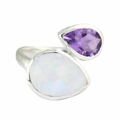 Sterling Silver Rainbow Moonstone and Amethyst Pear ByPass Ring- Sparkle & Jade-SparkleAndJade.com 