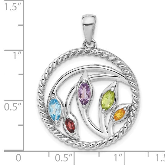 Sterling Silver Rainbow Multi-Gemstone Marquise Leaf Pendant- Sparkle & Jade-SparkleAndJade.com QP5897