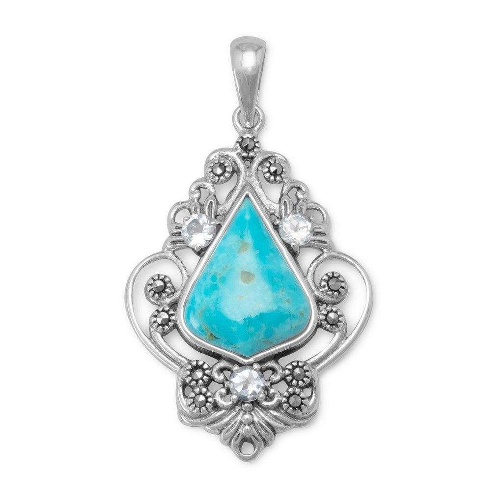 Sterling Silver Reconstituted Turquoise, Blue Topaz and Marcasite Pendant- Sparkle & Jade-SparkleAndJade.com 74120