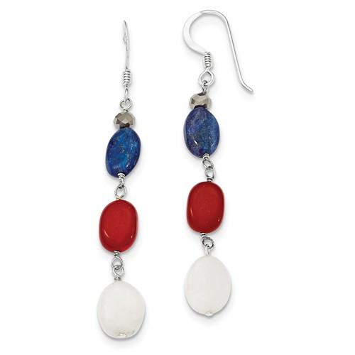 Sterling Silver Red Coral, Crystal, White Jade & Lapis Dangle Earrings- Sparkle & Jade-SparkleAndJade.com QE9719
