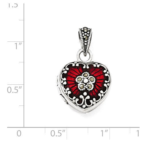 Sterling Silver Red Enamel & Marcasite Heart Locket- Sparkle & Jade-SparkleAndJade.com QP1291
