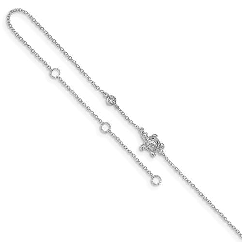 Sterling Silver Rhodium-Plated CZ Turtle With 2in Ext Anklet- Sparkle & Jade-SparkleAndJade.com QG4742-9