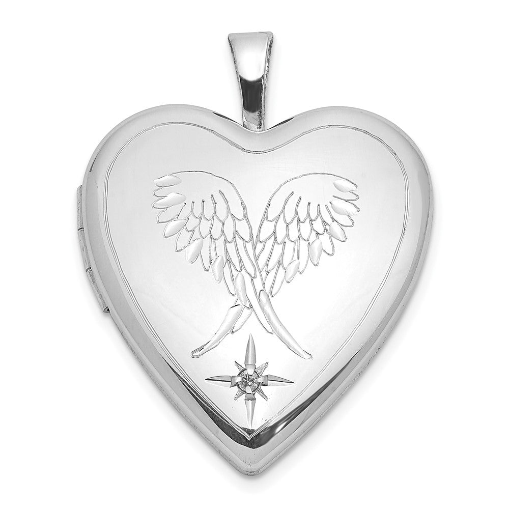 Sterling Silver Rhodium-plated Diamond Wings 20mm Heart Locket- Sparkle & Jade-SparkleAndJade.com QLS1035
