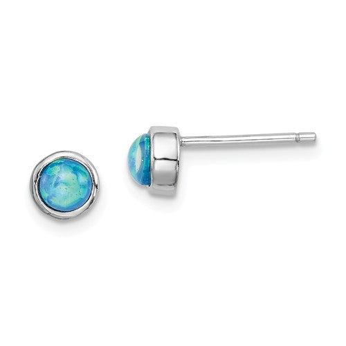 Sterling Silver Round Blue Opal Bezel Set Post Stud Earrings- Sparkle & Jade-SparkleAndJade.com 