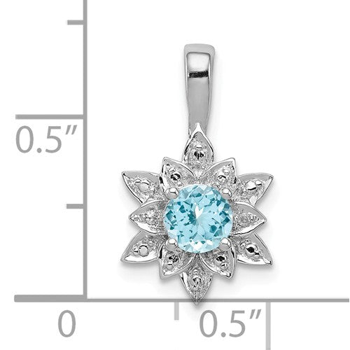Sterling Silver Round Blue Topaz and Diamond Lotus Flower Pendant- Sparkle & Jade-SparkleAndJade.com QP3069BT