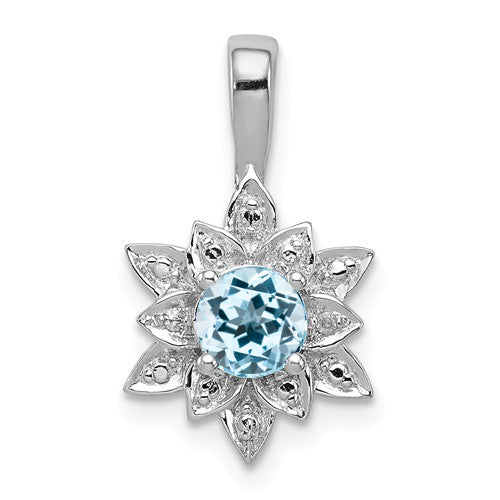 Sterling Silver Round Blue Topaz and Diamond Lotus Flower Pendant- Sparkle & Jade-SparkleAndJade.com QP3069BT
