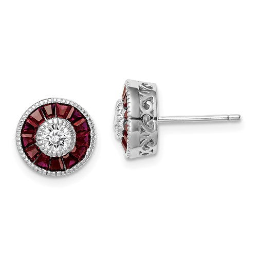 Sterling Silver Round Created Ruby & CZ Halo Post Earrings- Sparkle & Jade-SparkleAndJade.com QE14267