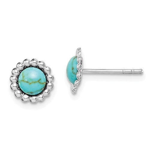 Sterling Silver Round Created Turquoise Beaded Post Earrings- Sparkle & Jade-SparkleAndJade.com QE15349
