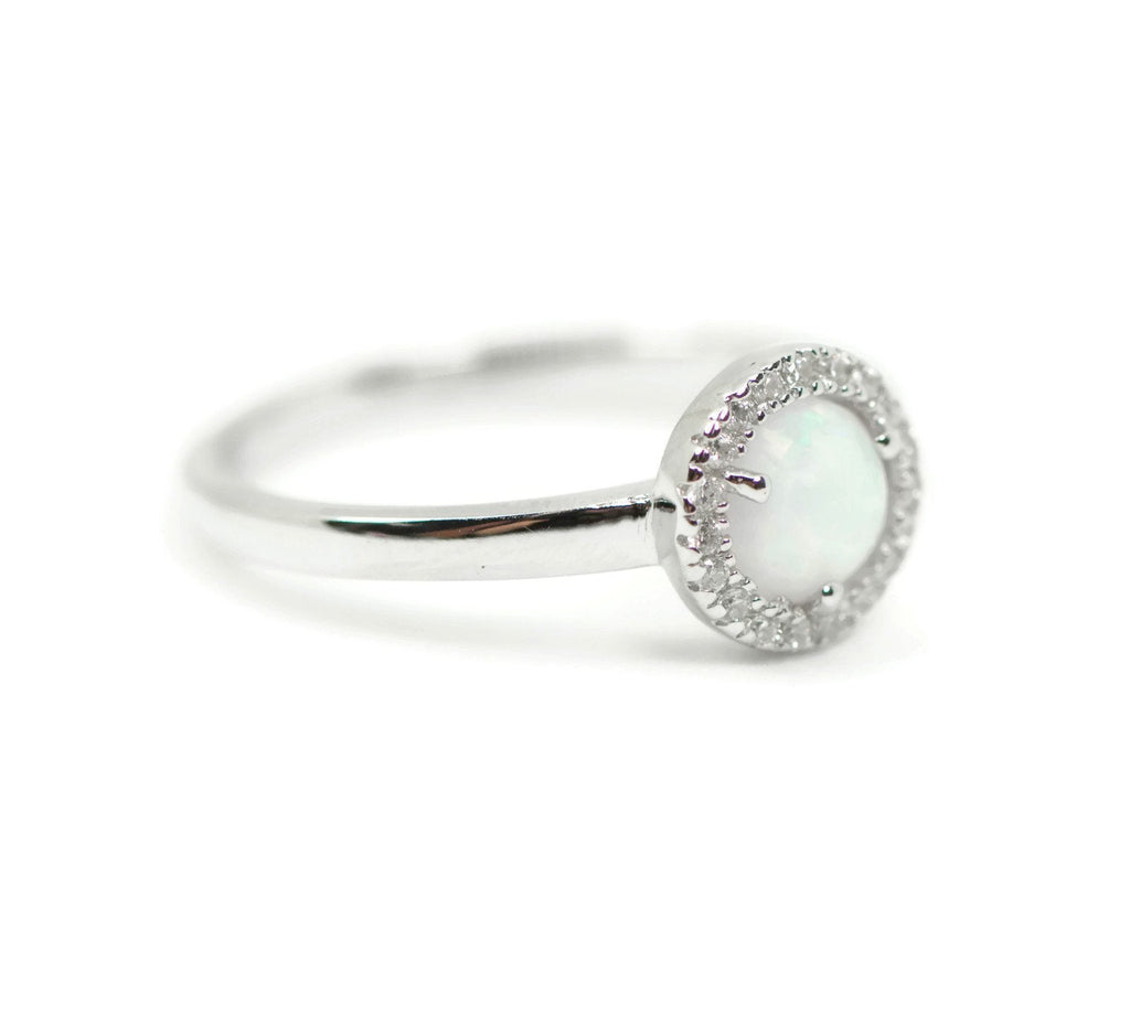 Sterling Silver Round Created White Opal CZ Halo Ring- Sparkle & Jade-SparkleAndJade.com 