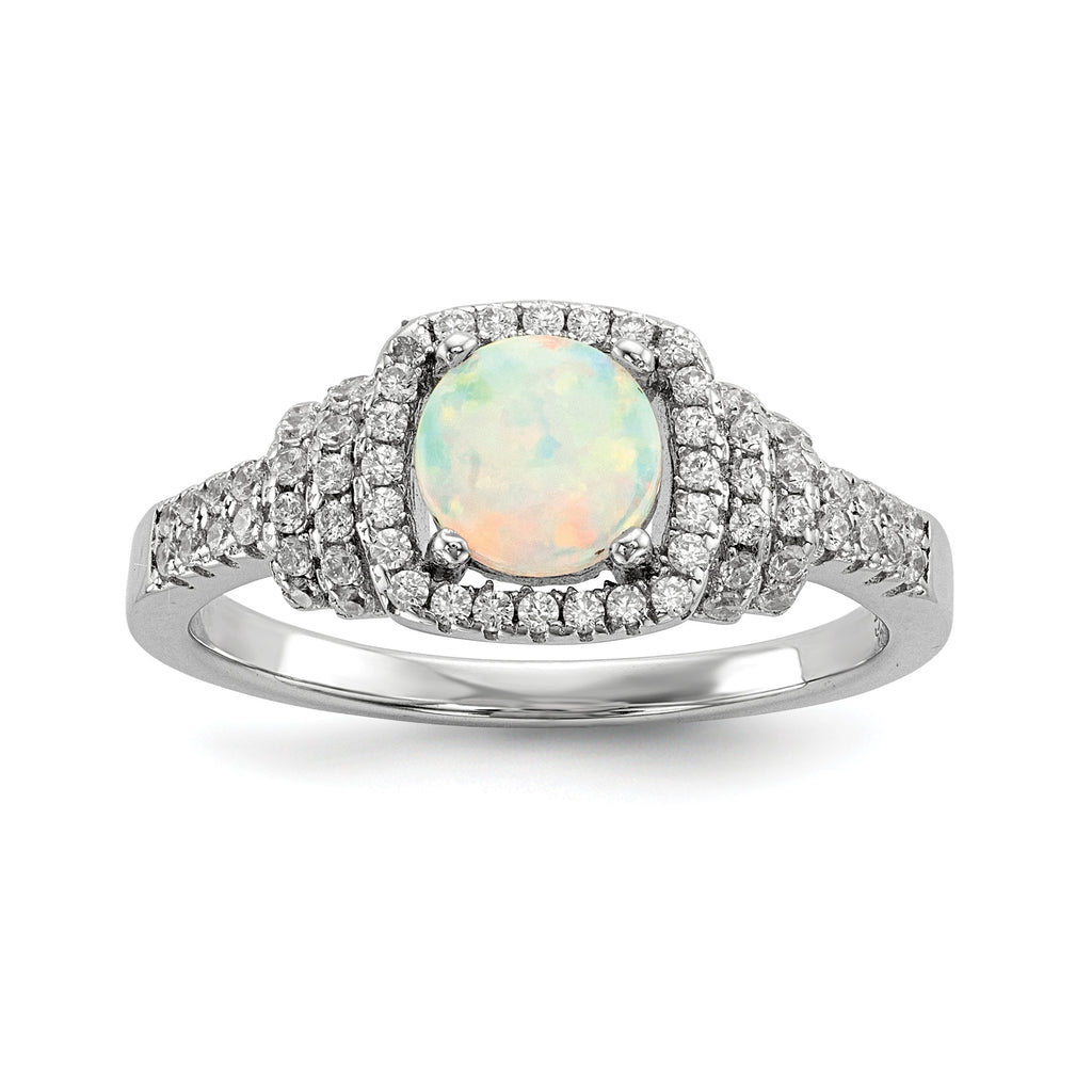Sterling Silver Round Created White Opal and CZ Halo Ring- Sparkle & Jade-SparkleAndJade.com 