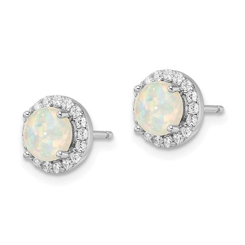 Sterling Silver Round White Created Opal And CZ Halo Post Earrings- Sparkle & Jade-SparkleAndJade.com QE16406