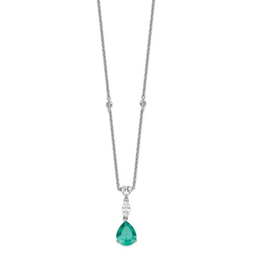 Sterling Silver Simulated Green Spinel and CZ Pear Shape Necklace- Sparkle & Jade-SparkleAndJade.com N0225WPG135-18