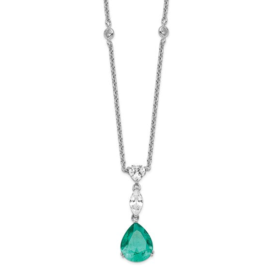 Sterling Silver Simulated Green Spinel and CZ Pear Shape Necklace- Sparkle & Jade-SparkleAndJade.com N0225WPG135-18
