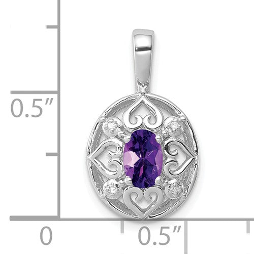 Sterling Silver Small Oval Amethyst Diamond Heart Pendant- Sparkle & Jade-SparkleAndJade.com QP3132AM
