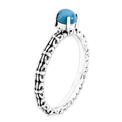 Sterling Silver Stackable Expressions Antiqued Pattern Turquoise Ring- Sparkle & Jade-SparkleAndJade.com 