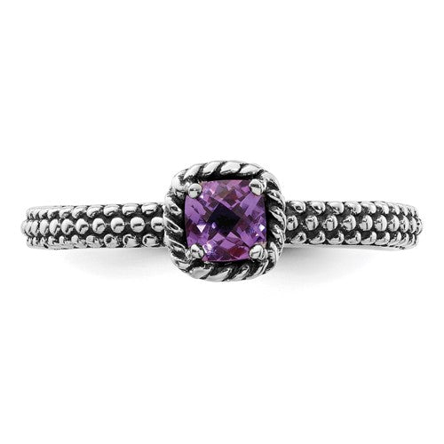 Checkerboard Cut Amethyst outlets Sterling Silver Rope Trim Ring 7