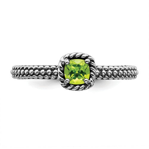 Sterling Silver Stackable Expressions Checker-Cut Cushion Peridot Antiqued Ring- Sparkle & Jade-SparkleAndJade.com 