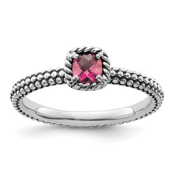 Sterling Silver Stackable Expressions Checker-Cut Cushion Pink Tourmaline Antiqued Ring- Sparkle & Jade-SparkleAndJade.com 