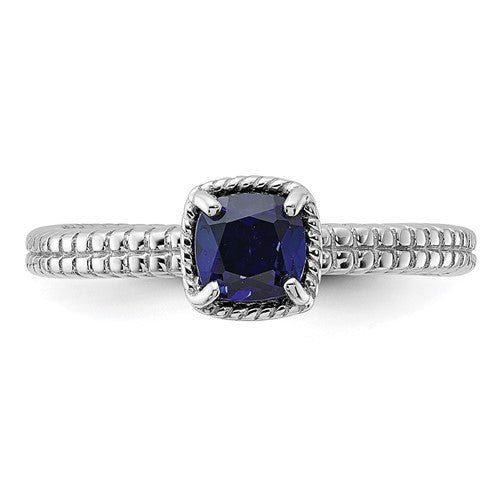 Sterling Silver Stackable Expressions Created Blue Sapphire Cushion Ring- Sparkle & Jade-SparkleAndJade.com 